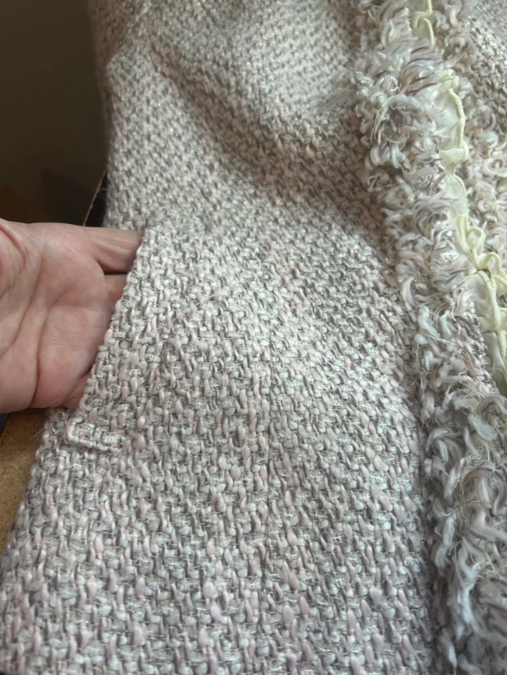 Utd Textured Tweed Jacket Blush Pink Ruffle Trim Fringe Open Front M READ - Picture 12 of 12